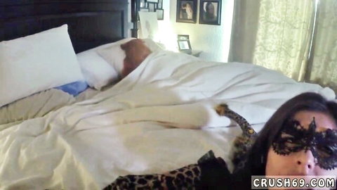 Ally MILF in black lace mask and leopard lingerie on bed