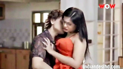 Hot Indian brunette in tight red lingerie passionately kissed on neck by lover groping her curves