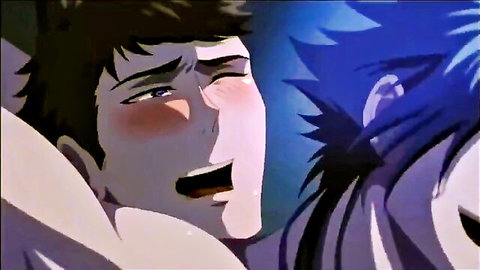 Blushing anime boy with teary eyes and open mouth sucking cock in intense yaoi hentai blowjob