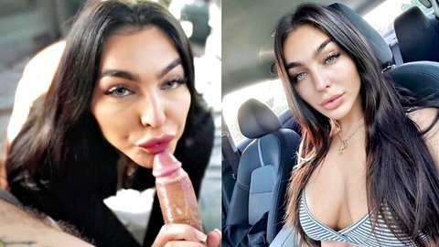Exotic brunette teen puckers plump lips sucking huge realistic cock dildo outdoors with car cleavage tease