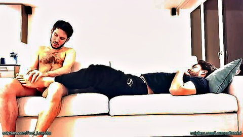 Hairy friend gets foot massage while cock and ass stroked in gay scene