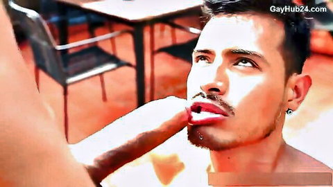 Amateur gay Latino with mustache teased by finger on lips in raw scene
