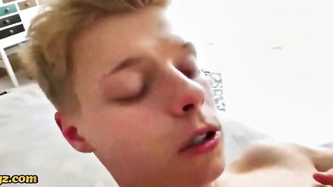 Young blonde twink in ecstasy during bareback pounding climax