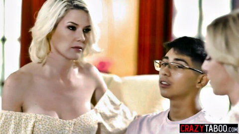 Kit Mercer and Kayla Paige blonde MILFs with young stud in taboo scene