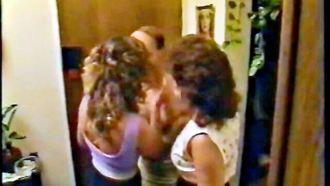 Vintage German threesome: curly-haired women in tank tops with man edging to 69