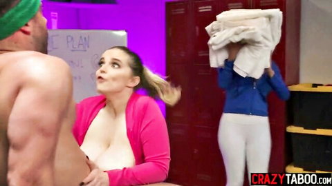 Codi Vore's massive tits teased by Amber Alena and stud in pink top