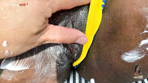 NikiMay ebony solo POV closeup of pussy with hand applying lotion in bikini