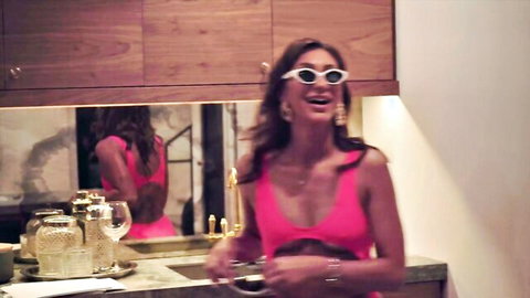 Smiling brunette in pink top teases tight ass in hot 3some