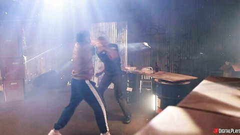 Behind-the-scenes action with dirty cops roleplay, foggy warehouse fight scene, Digital Playground