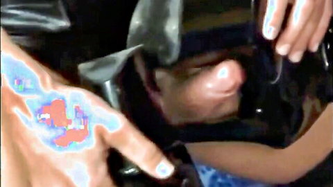 Blonde babe in shiny latex catsuit gives intense handjob and blowjob