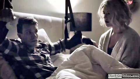 Kit Mercer as busty stepmom chats with stepson in bed, BDSM vibe