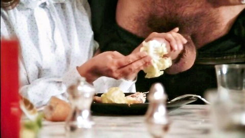 Vintage French porn: Teen in blouse and older man with hairy chest handling cream at dinner