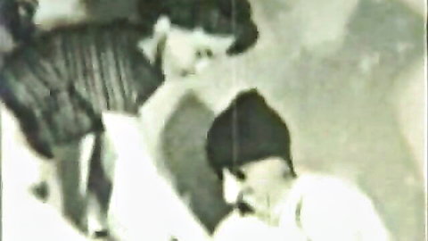 Vintage doggy style fuck with skinny girl in striped dress bent over for beanie guy