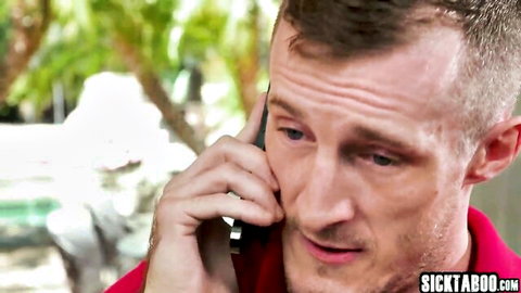 Man in red shirt on intense phone call in Kitana Montana taboo scene