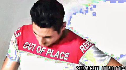 Hot guy in red 'Out of Place Rebels' shirt looking up intensely in POV tease
