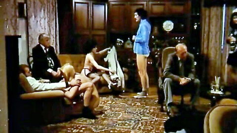 Vintage strapon gangbang with busty blondes in lingerie and suited men