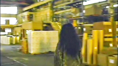 Vintage MMF threesome: curvy dark-haired woman in warehouse tease