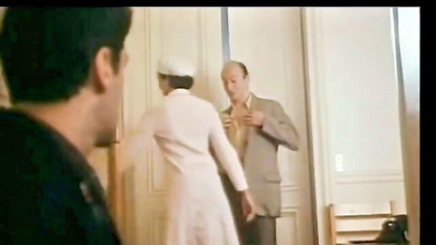 Retro French porn: blondie in white dress with doctor and friend in intimate scene