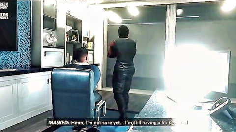 Cartoon threesome thumbnail: masked baddie in black stands over seated man in office scene
