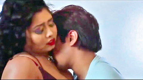 Desi BBW in red bra embraces young man in intimate steamy hug