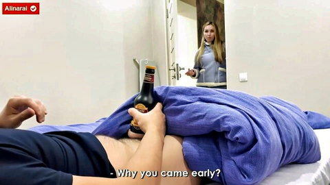 Alina Rai as stepmom questions stepson in bed holding beer