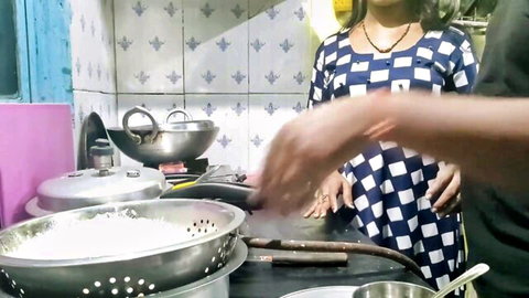 Mumbai Ashu as sexy Indian maid in checkered dress, boss hands on her waist
