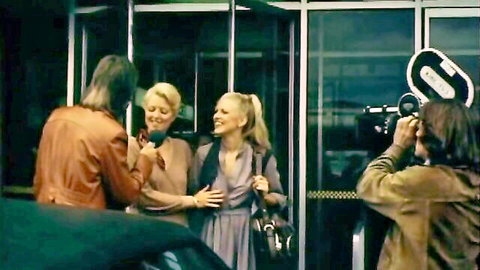 Vintage blonde MILF with short hair in dress chats outside in 70s porn setup