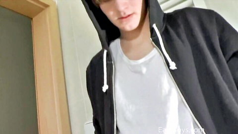 Antony Carter twink in black hoodie POV bathroom tease