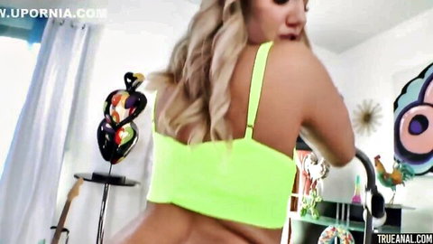 Blonde bombshell Candice Dare teases big ass in lime green top for anal fun