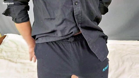 Desi man in black shirt and pants exposing bulge in hot bhabhi wanking video