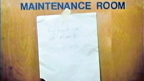 Vintage porn set: maintenance room door with 'to fuck in' note for lesbian toy play