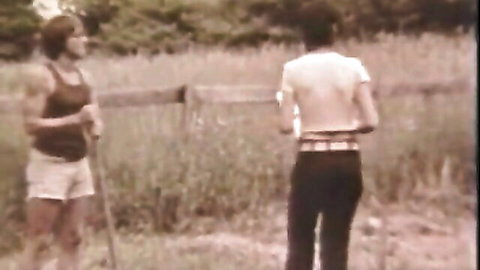 Vintage blonde short hair woman in outdoor Ozarks sex scene
