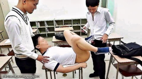 Asian schoolgirl threesome in classroom with men in uniforms