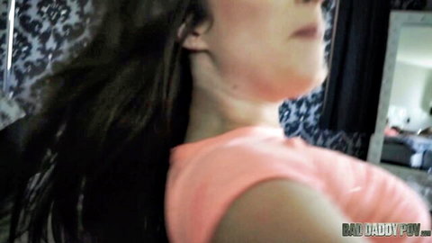 Lacey Channing in pink top, seductive mirror pose, BadDaddyPOV naughty dream
