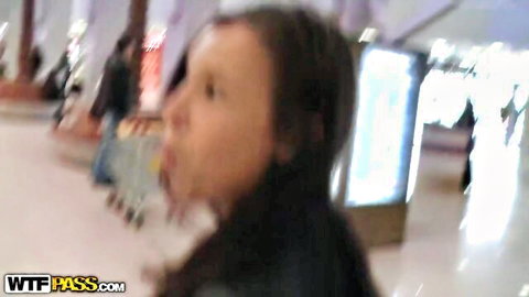 Brunette woman in public mall, teasing before clothes ripped and hard fuck
