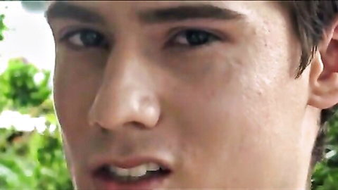 Close-up of hot teen's face during intense solo cum play, tight cock drenching