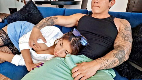 Tattooed hunk cuddles busty Indian MILF in open blouse and stockings