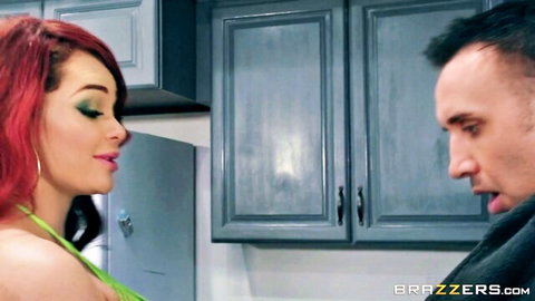 Skyla Novea in green top seducing man in steamy Brazzers scene
