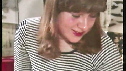 Vintage brunette teen in striped shirt with red lips, Color Climax style