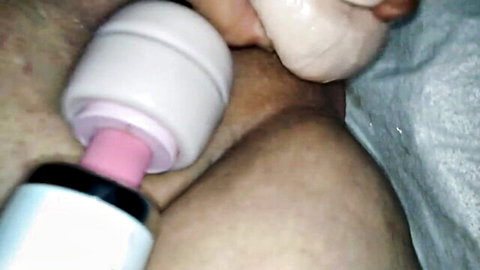 Wife's solo session: vibrator drilling wet pussy up close