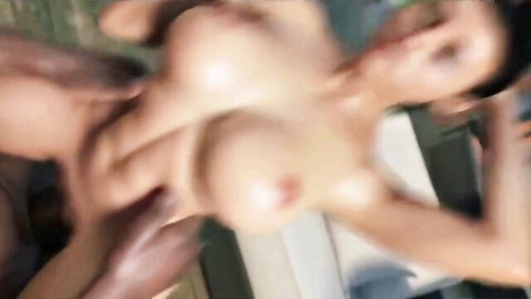 Brunette babe's huge bare tits squeezed by black man's dark hand in blurry interracial grope