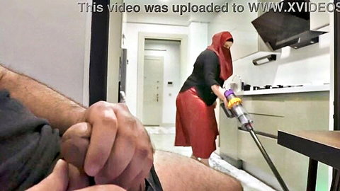 Man caught jerking off watching huge ass hijab stepmom vacuuming in red dress