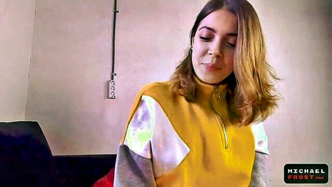 Brunette step sister in yellow hoodie waiting for blowjob fantasy