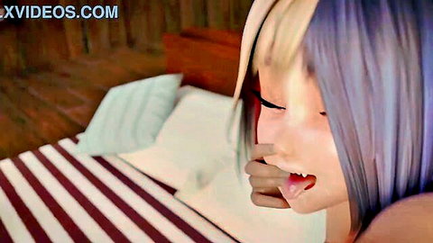 Cute animated fox girl with purple hair moaning on bed in hentai scene