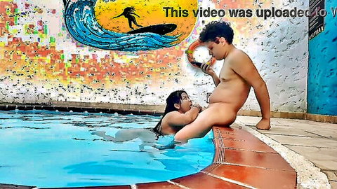 Crisanto999 nude poolside with curvy Latina MILF, explicit outdoor tease