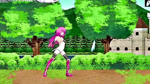 Pink-haired anime girl in white bodysuit and thigh-high boots in hentai forest scene