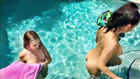 Bailey Base and Crystal Rush nude by pool in outdoor threesome