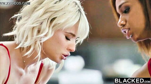 Jessie Saint and Lacey London in red dresses for BBC threesome lesson
