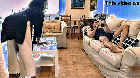 Desi hijabi maid with big ass standing over owner on sofa before anal fuck