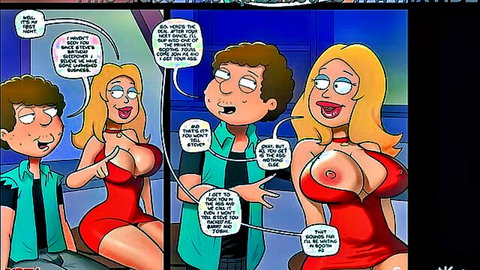 Cartoon busty blonde MILF in tight red dress with massive tits talks to two curly-haired guys